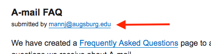 Screenshot of A-mail post shows the headline "A-mail FAQ" and the byline "submitted by mannj@augsburg.edu"