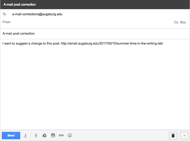 Email example with email address, subject line, and message body that includes the post URL