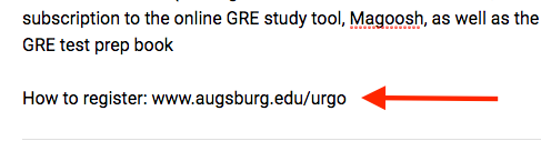 Arrow pointing to a URL (www.augsburg.edu/urgo) that is in plain text.